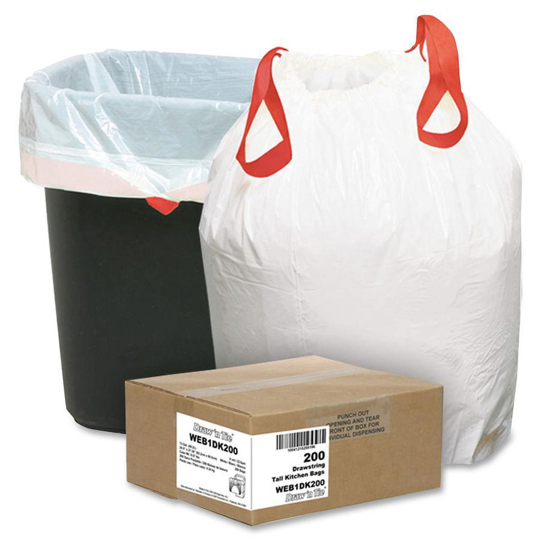 Draw 'n Tie Heavy-Duty Trash Bags, 13gal, .9mil, 24.5 x 27 3/8, White, 200/Box