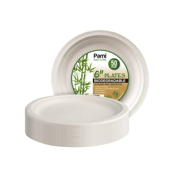 Pami Biodegradable Sugarcane Bowls, 6 Inch - 50-Pack Compostable Disposable Bowls, Microwavable Bagasse Paper Serving Bowls