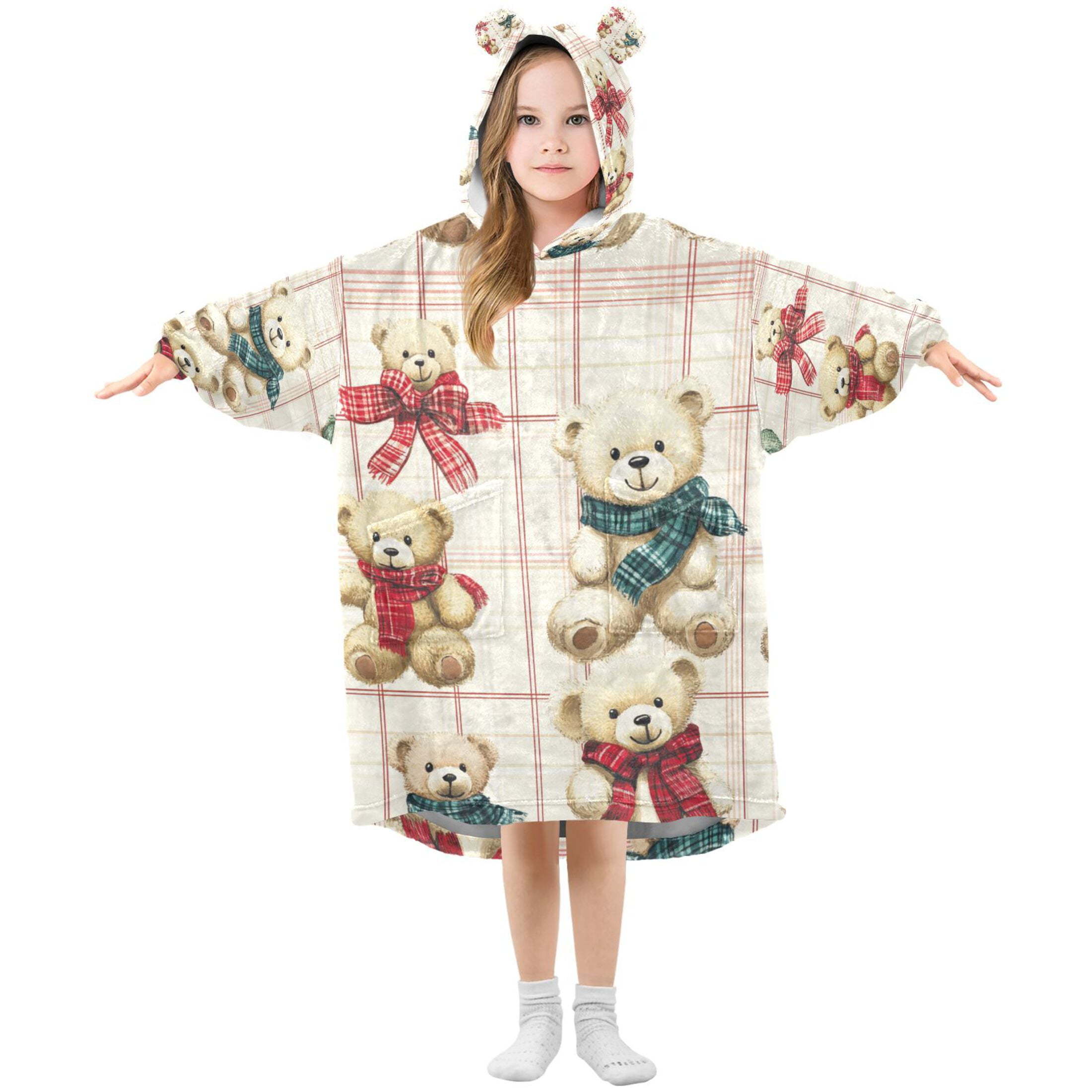YAZAOO Kids Wearable Blanket Hoodie Warm and Cozy Bear Hugs and Checkered Love Flannel Sweatshirt
