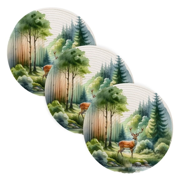 Deers on Forest Trivet Mats Woven Pot Holders 3Pcs Non-Slip Heat Resistant for Hot Pots Pans Pats