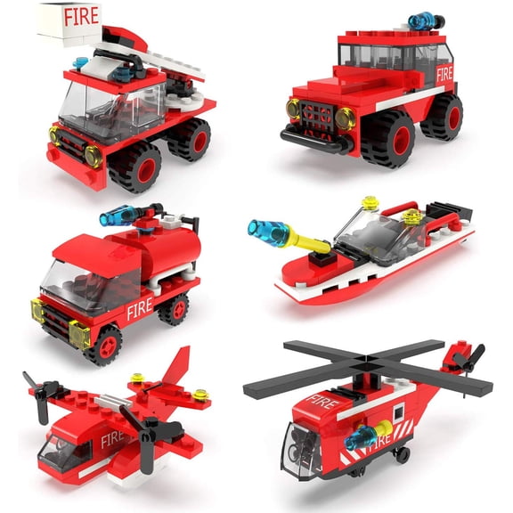 Fun Little Toys 222Pcs Fire Rescue Vehicles Building Blocks Set in 6 Different Models Including Fire Boat,Helicopters and Fire Truck for Kids Party Favors