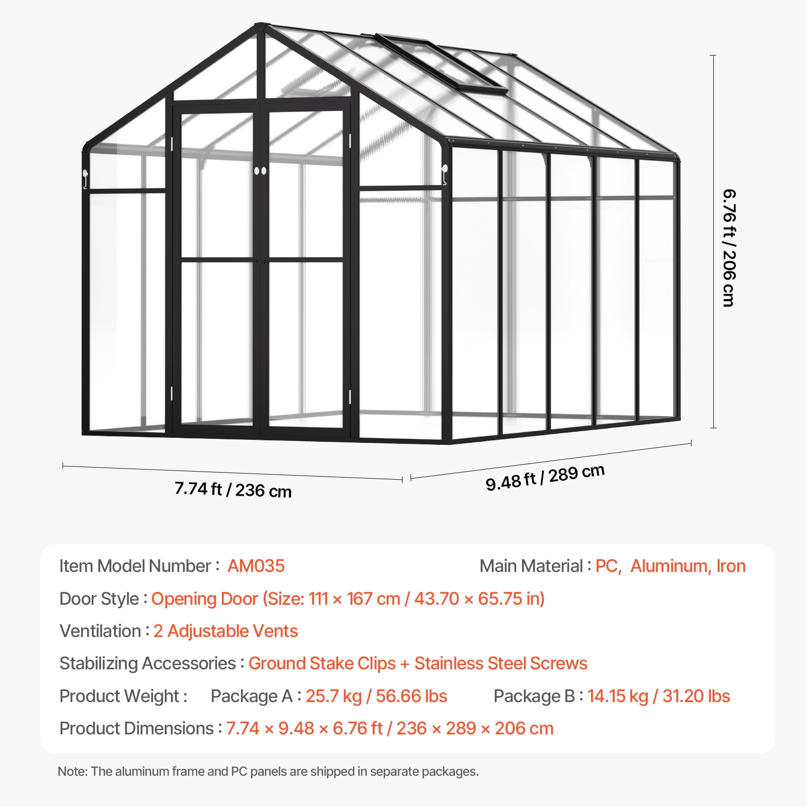 VEVOR Polycarbonate Greenhouse, 8 x 10 Ft, Outdoor Greenhouse with 2 Vent Windows, Pavilion Styled Greenhouse with Hinged Door, Aluminum Large Walk-in Greenhouse Kit for Outside Garden Backyard