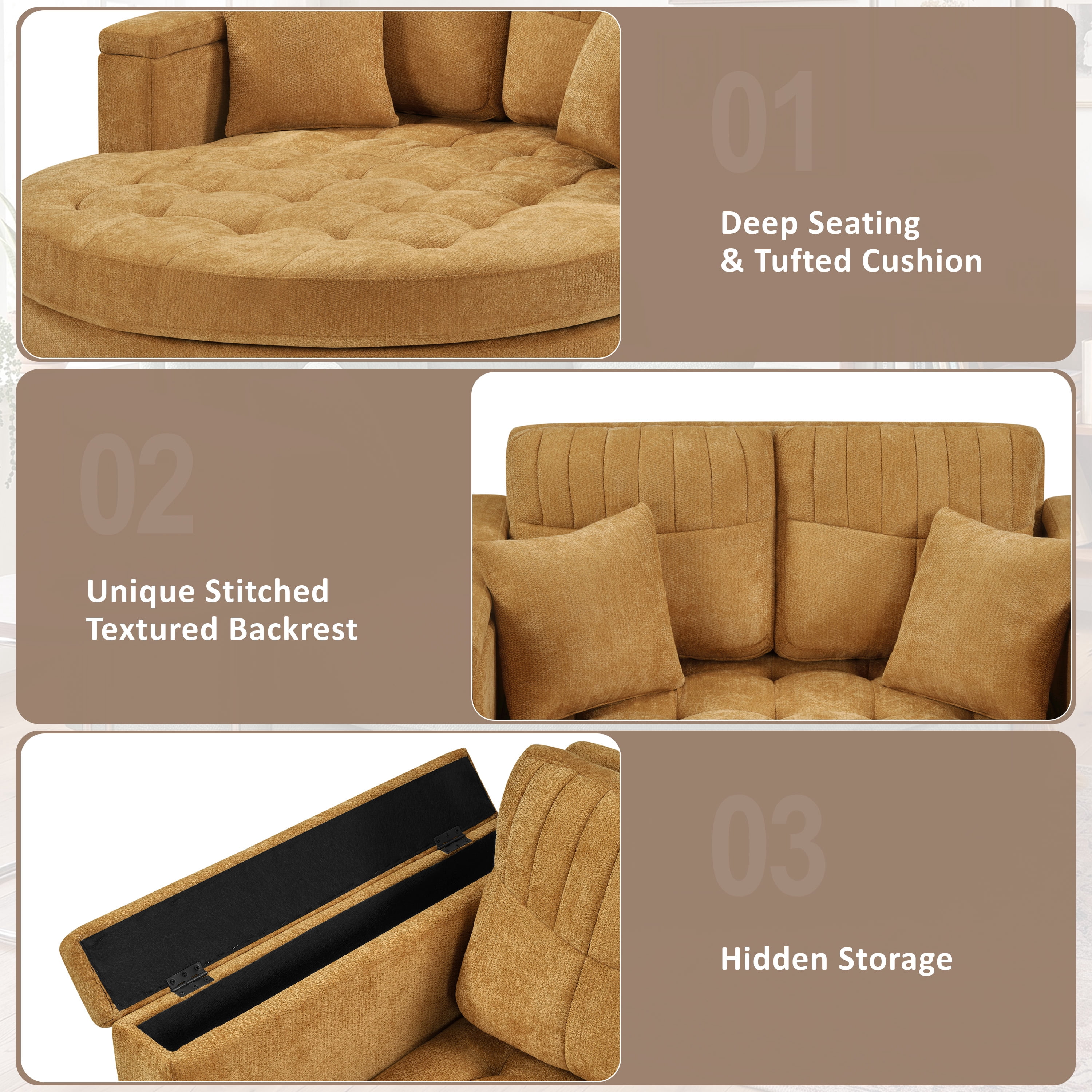 Euroco 66.9" Oversized Chaise Lounge Chair Indoor,Cloud Plush Chenille Floor Sofa Bed with Deep Seat,Storage Arms & Removable Pillows,Modern Upholstered Sofa Couch for Living Room,Yellow