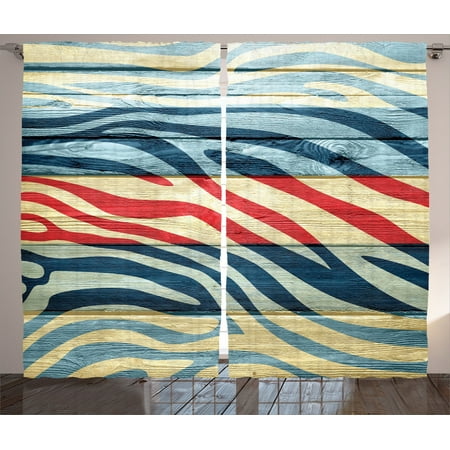 Country Decorated Living Rooms Zebra Print Decor Curtains 2 Panels Set, Art Colored Zebra Print On Wood Rustic Country Style Decorating Illustration, Living Room Bedroom Accessories, By Ambesonne ()