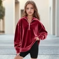 thumbnail image 2 of zbxnLI Girls Velvet Sweatshirt Half Zip Sweatshirts Collared Vintage Velour Pullover Tops with Pocket, 2 of 5