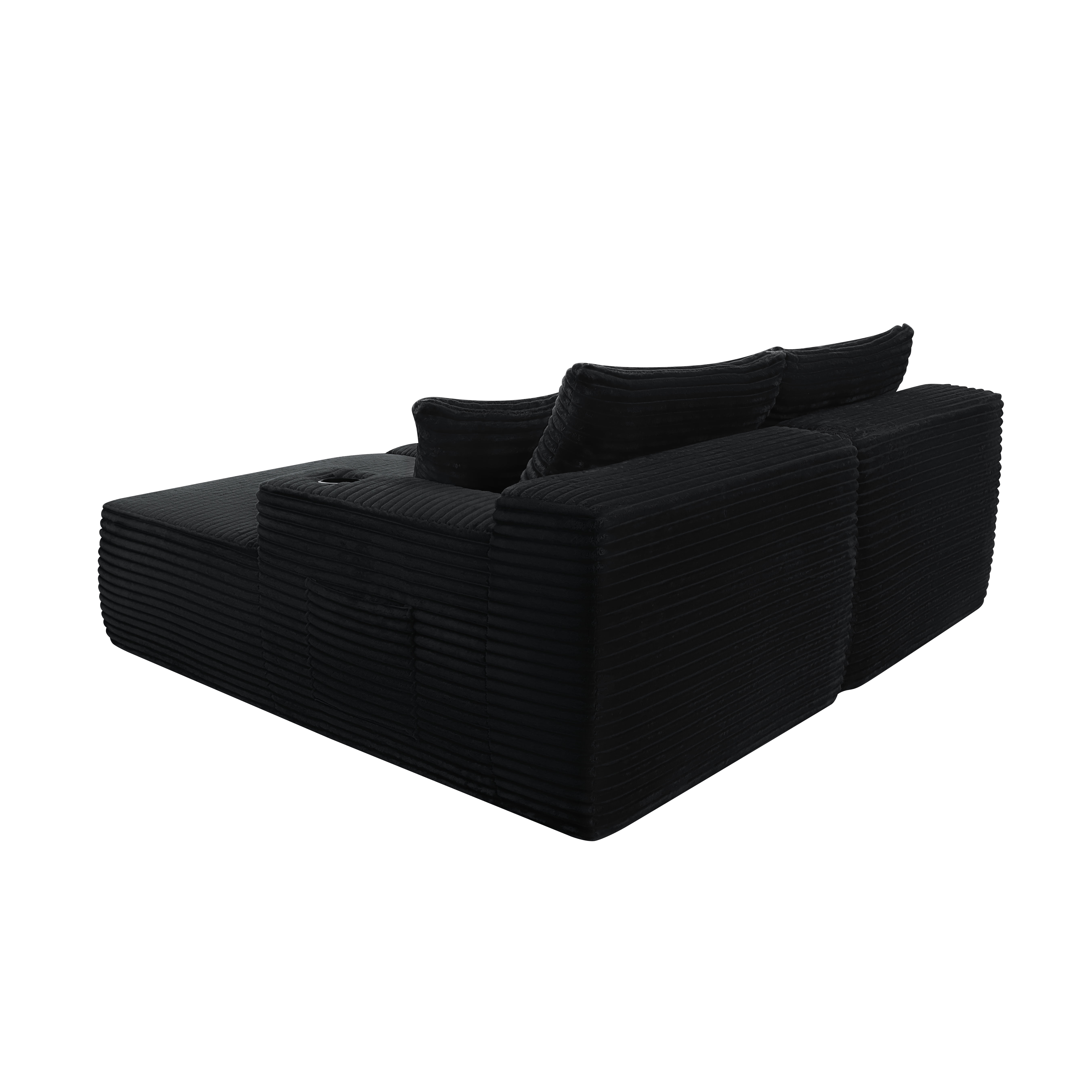 Modular Double Chaise Lounge Chair Indoor, 76" Wide Striped Corduroy Couch Set with Cup Holders & Storage Pockets for Living Room Home Theater, Black
