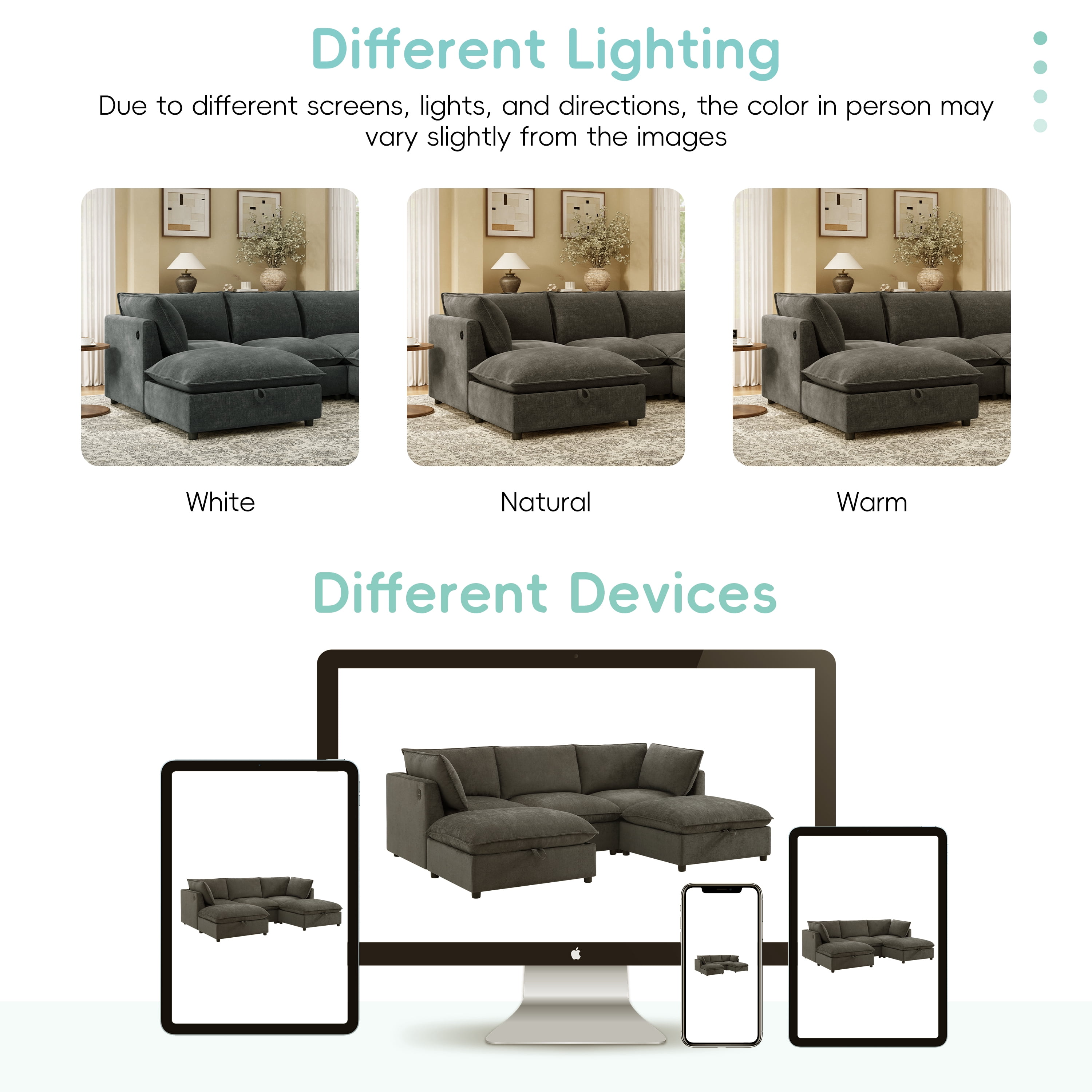 GARITIN Modular Sectional Sofa 98 Inch, U Shaped Cloud Couch with Movable Storage Ottoman and Fold Down Backrest Table, Gray
