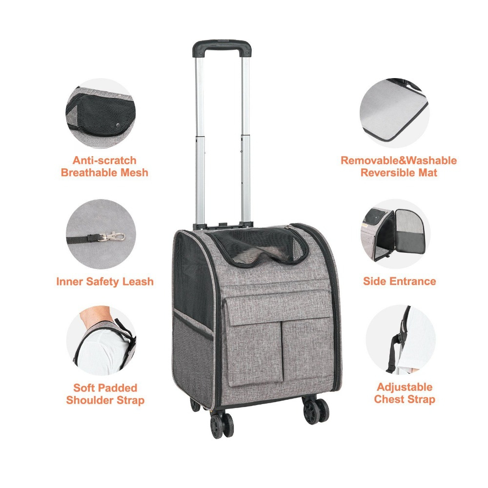 Rollable Pet Carrier with Removable Wheels, 600d Oxford Fabric Multi-Pocket Carrier Backpack Multi-Sided Breathable Viewable Window, Airline Approved for Dogs and Cats with Upgraded Wheels, Gray