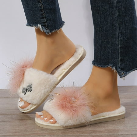 

Cathalem Fuzzy Slippers Women Open Toe Ladies Fashion Rhinestone Butterfly Decorative Open Toe Fluffy Cotton Slide Slippers Women Red 7