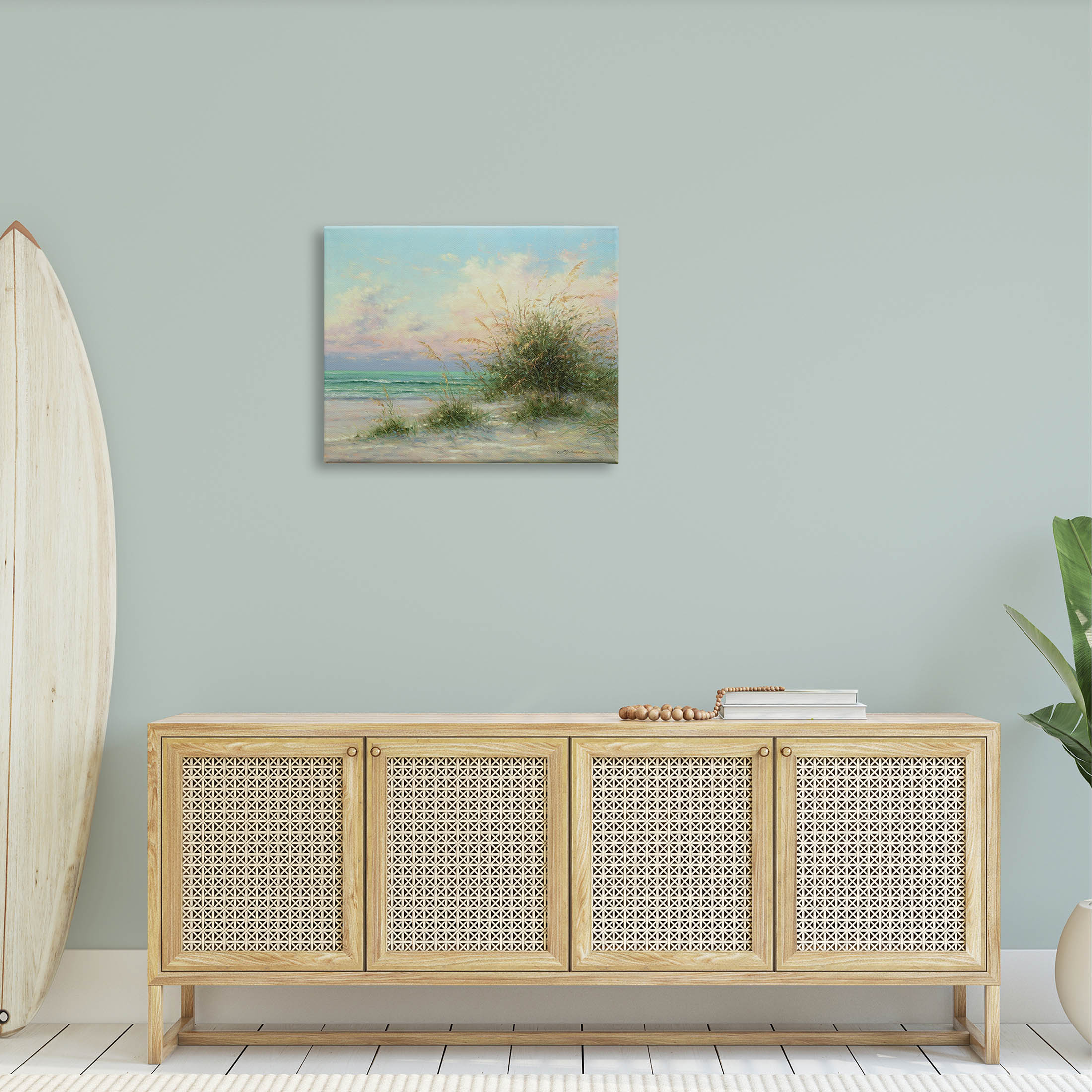 Summer Beach Grass Sea Waves Coastal Painting Gallery Wrapped Canvas Print Wall Art