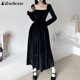 thumbnail image 3 of Vestido largo de terciopelo con encaje francés y cuello cuadrado para mujer, ajustado, de manga larga, negro, de cintura alta, elegante y elegante para fiesta, 3 of 6