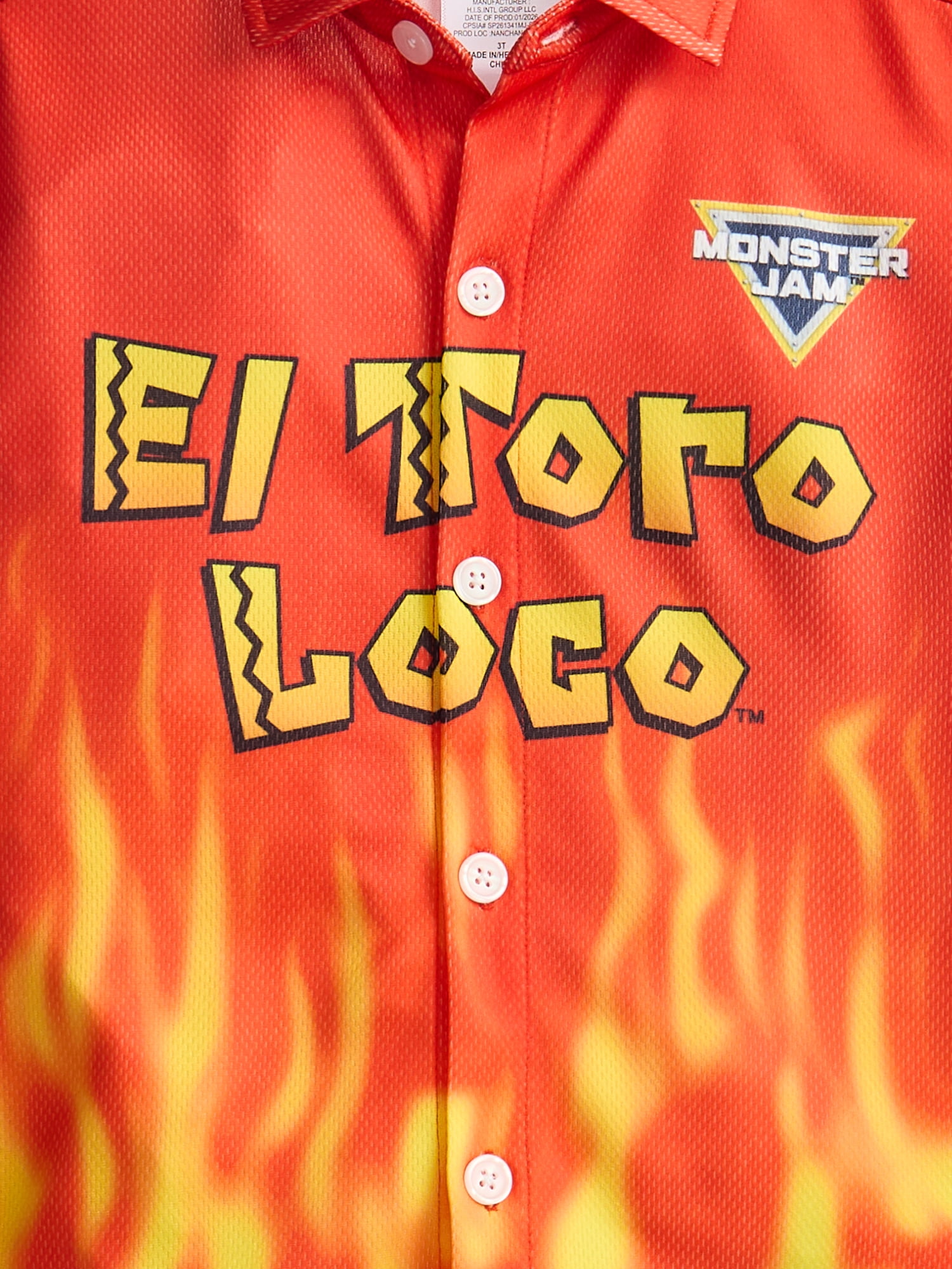 Monster Jam El Toro Loco Toddler Boys Button Shirt with Short Sleeves, Sizes 12M-5T