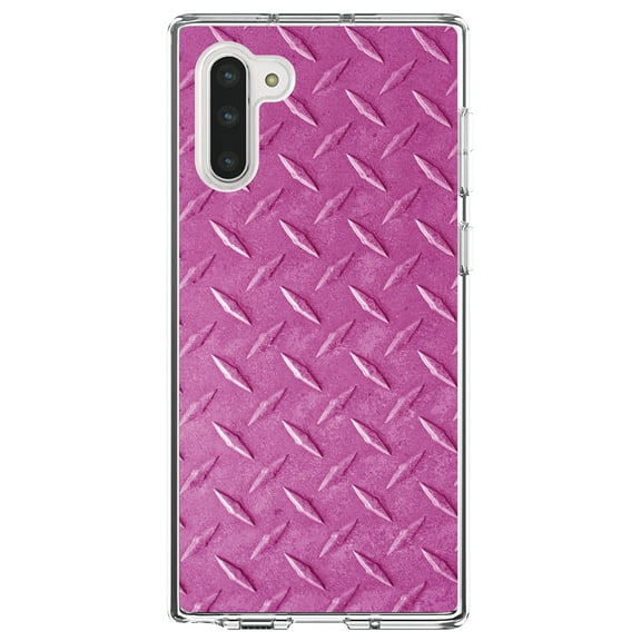 DistinctInk Clear Shockproof Hybrid Case for Samsung Galaxy Note 10 (6.3" Screen) - TPU Bumper, Acrylic Back, Tempered Glass Screen Protector - Hot Pink Diamond Plate Steel Image - Printed Image