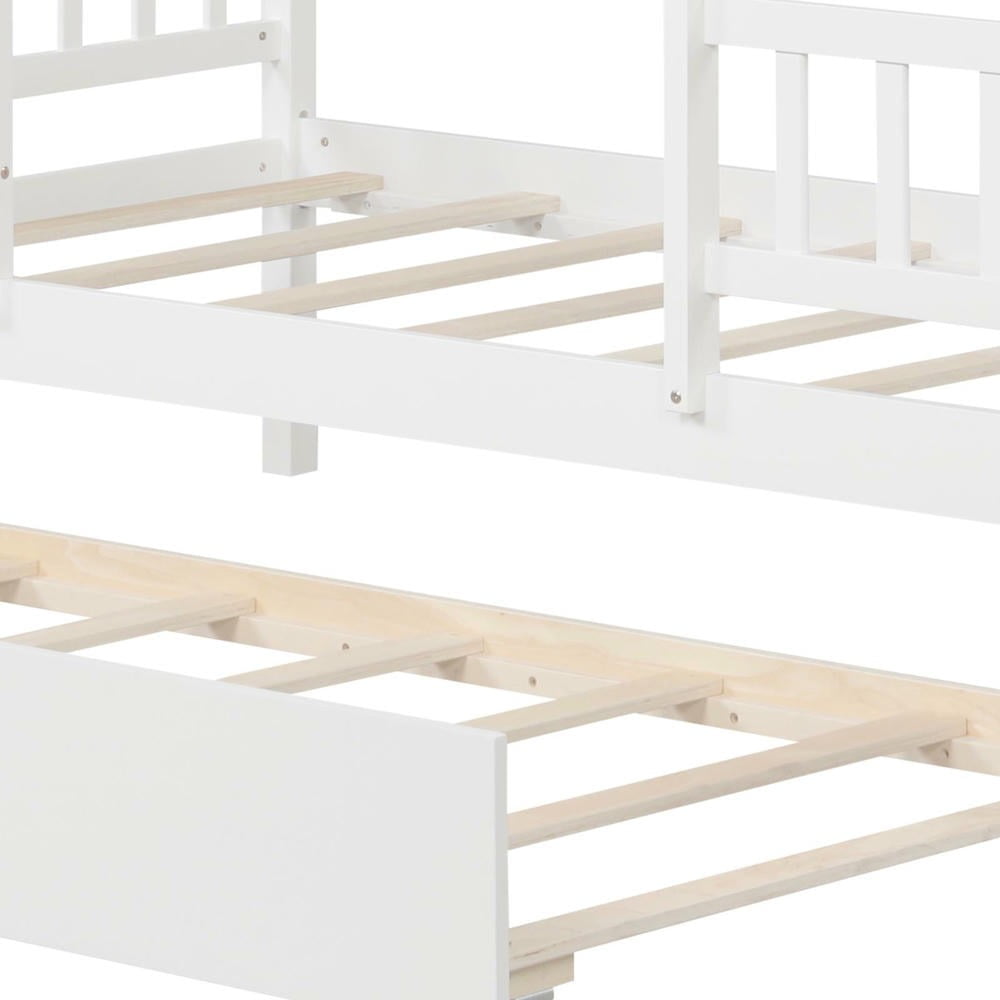 Barara King Twin Size Bedroom Trundle Bed Frame with Roof Window, Bed Platform Frame for Bedroom, Apartment, White