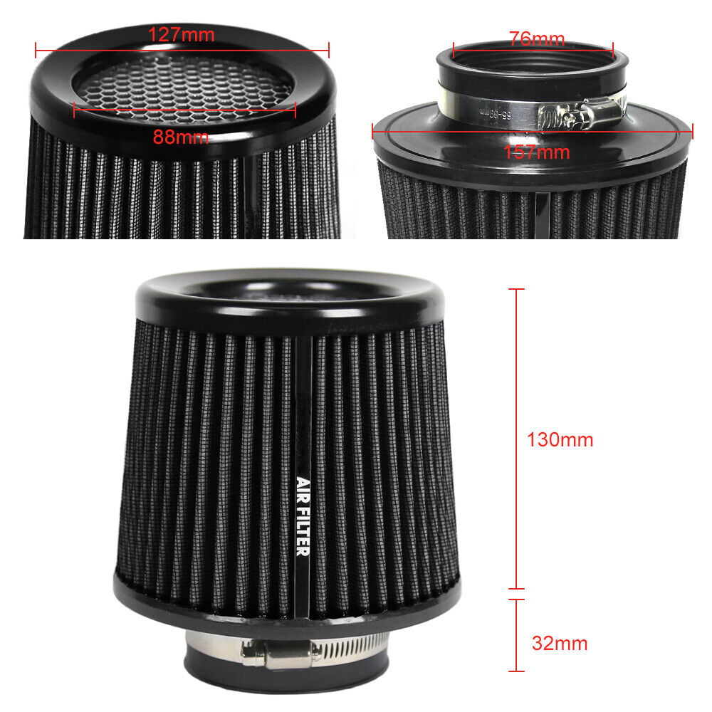 76mm 3" Cold Air Intake Cone Replacement High Flow Inlet Dry Filter Black