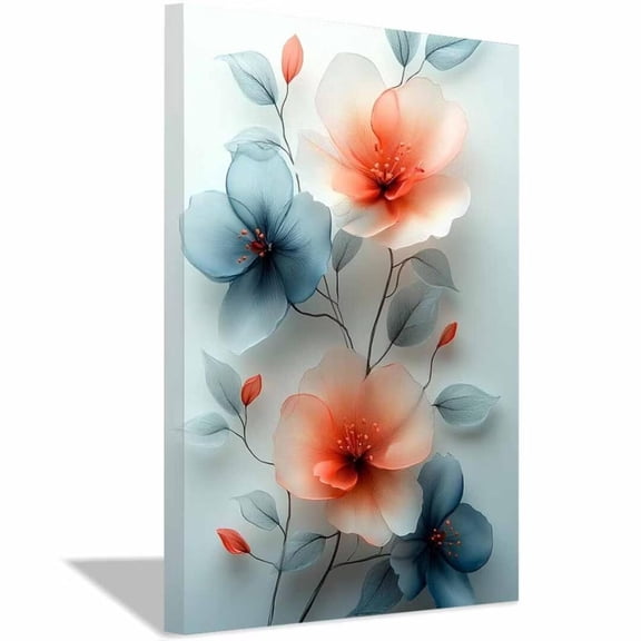 Mudket Teal and Coral Floral Canvas Wall Art, Framed Ready to Hang, Watercolor Flower Print for Living Room Office, Modern Wall Decor - 12"L x 8"W