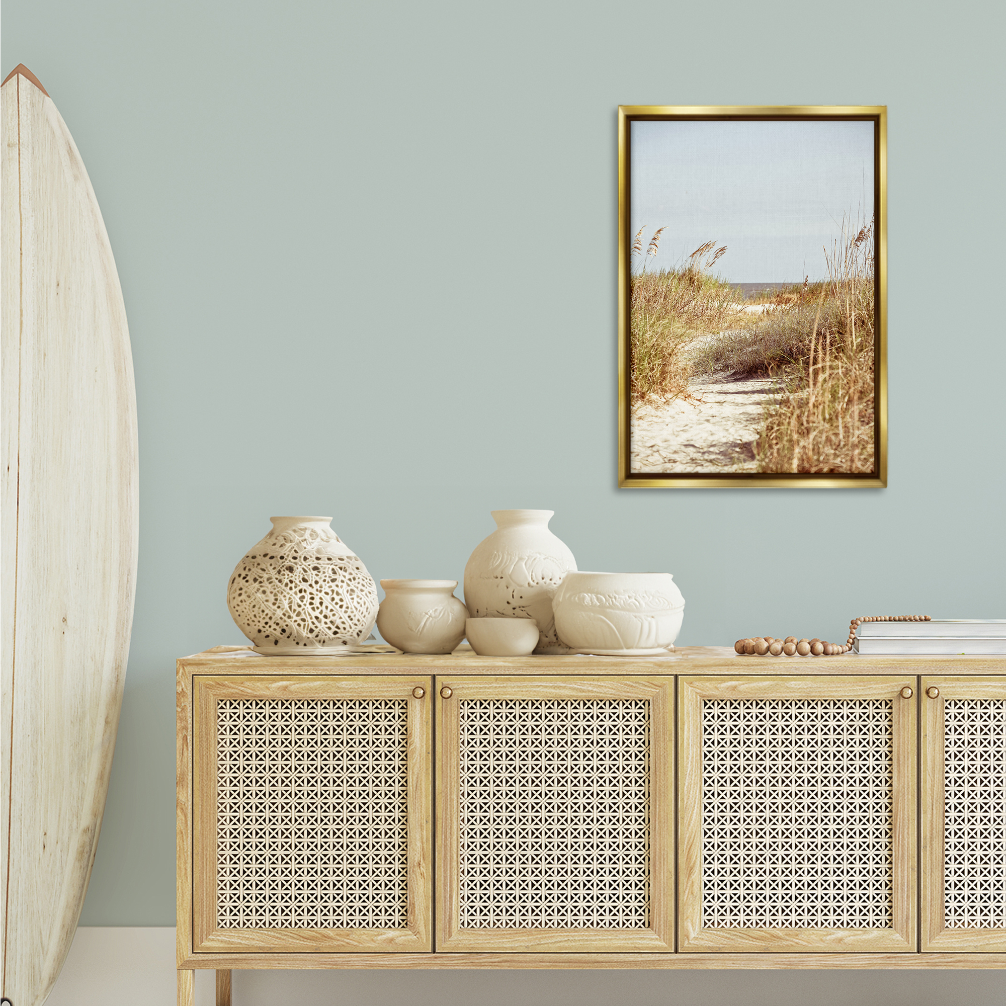 Stupell Industries Sandy Path with Reeds Landscape Photography Gold Floater Framed Canvas Art Print Wall Art, 21 x 31