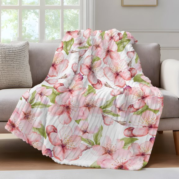 Pink Flowers Fleece Throw Blanket for Couch, Watercolor Spring Botanical Floral Leaves Microfiber Flannel Blanket for All Season, Lightweight Soft Throw Blankets for Bed, Sofa, Travel, 50"x60"