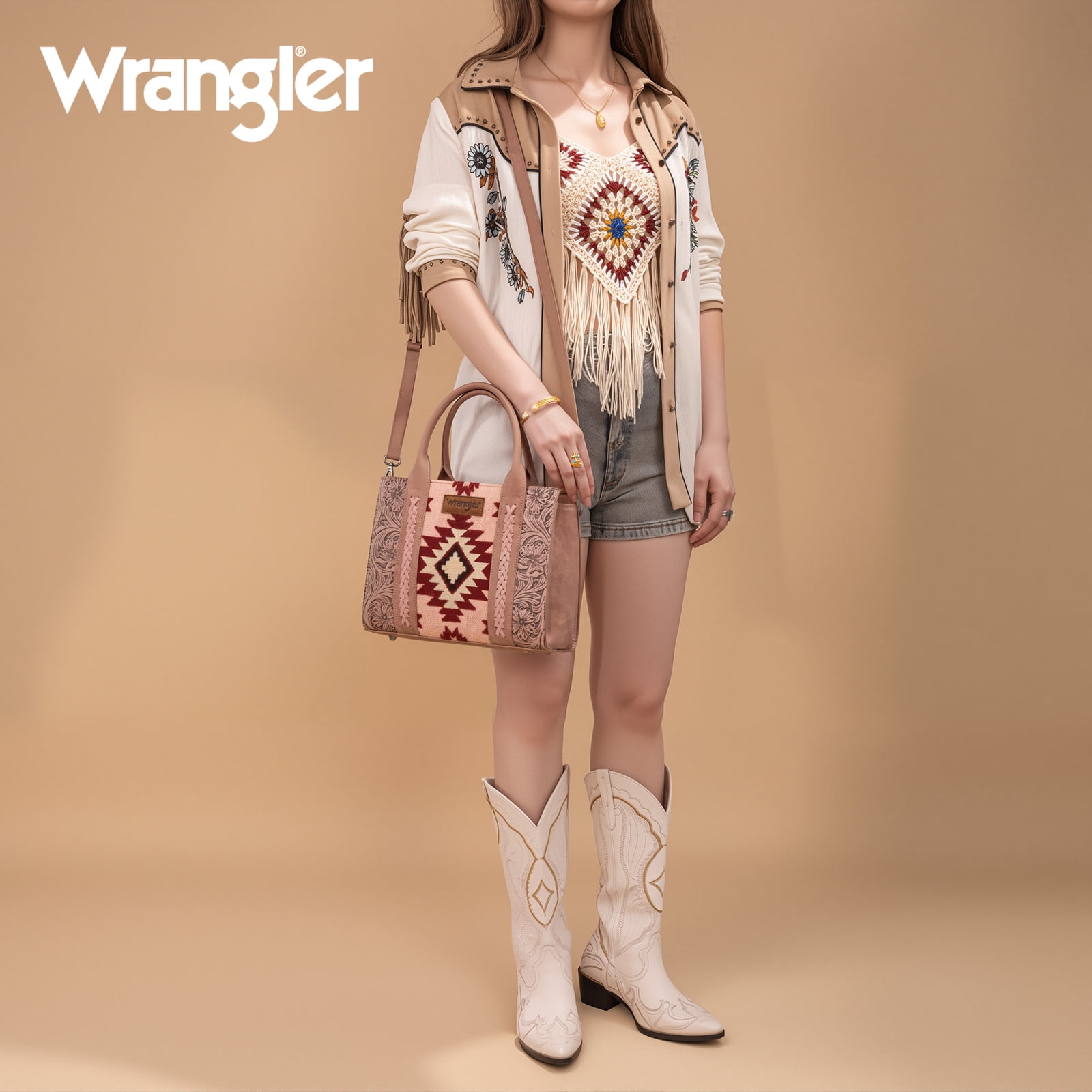 Montana West Wrangler Aztec Tote Bag for Women Western Shoulder Purse Stylish Top Handle Handbag, Dark Pink