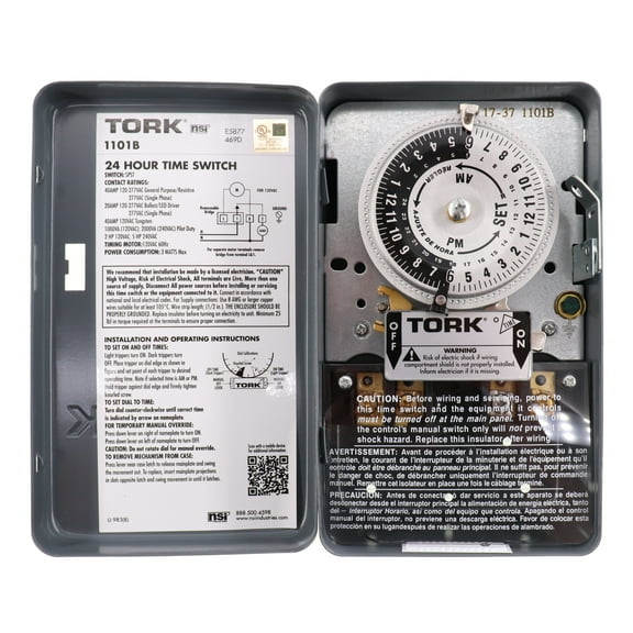 NSI Tork 1101B Indoor Timer Switch, 1-Channel, 24-Hour, SPST, 40A, 120-277V