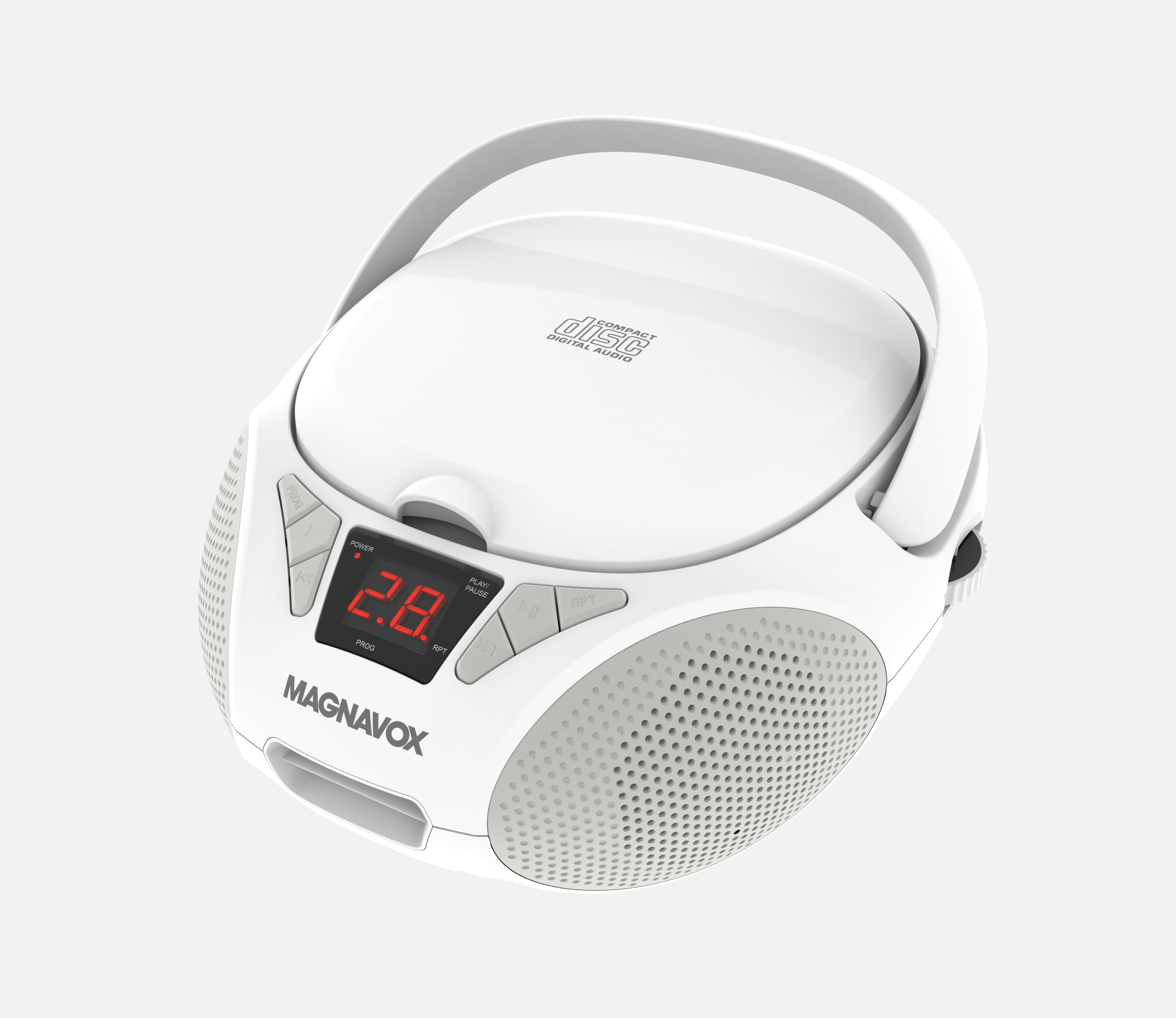 Magnavox Portable CD Boombox with FM Stereo Radio, Top-Loading CD Player, AUX Input, LED Display, AC/DC Power, Battery Operated Boombox, White