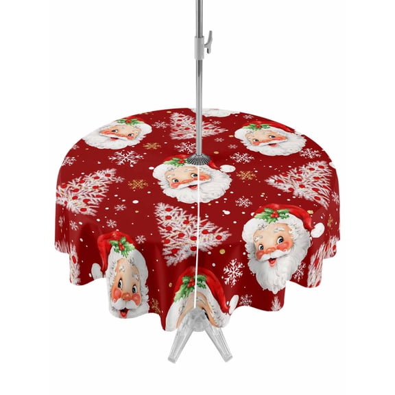 Outdoor Tablecloth with Umbrella Hole and Zipper, Funny Santa Claus Round Table Cloth 60 Inch Waterproof Tablecloth, Red Christmas Snowflake Xmas Tree Picnic Table Cover for Patio Camping