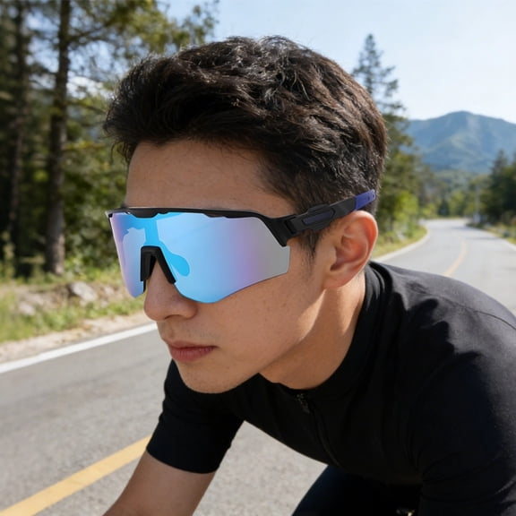 Cycling Sunglasses, Outdoor Sports UV380 Sun Protection, Black Frame, Blue Lens, Wide Vision, Lightweight Frame, Comfortable Fit, Anti-Slip, PC, for Men and Women