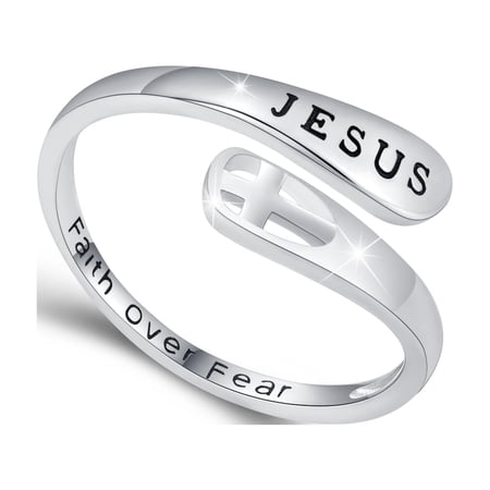 925 Sterling Silver Jesus Rings for Women Adjustable Faith Open Ring Jesus Cross Open Ring Jesus Jewelry Birthday Christmas Gifts
