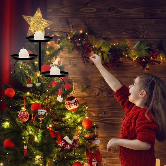 Black Triple Tree Topper Iron Tree Topper Candle Holder 3 Tier Candle Holder Multipurpose Christmas Tree Shelf Stylish Christmas Candle Holder for Living Room Bedroom Kitchen
