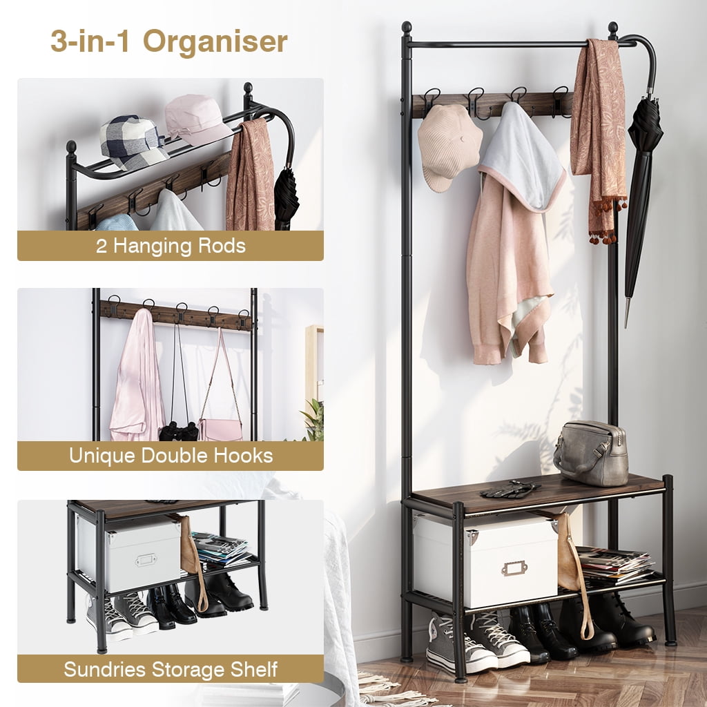LANGRIA Entryway Metal Storage Shoe Bench with Coat Rack, 3 Tiers and 5 Free Hooks Black Finish