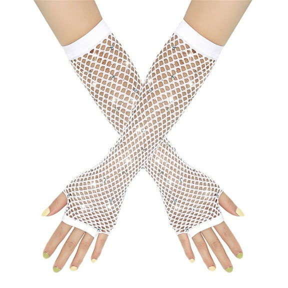 Posijego Women Long Arm Warmers Hot Drill Fishnet Fingerless Gloves Lightweight Stretchy Mittens for Evening Party