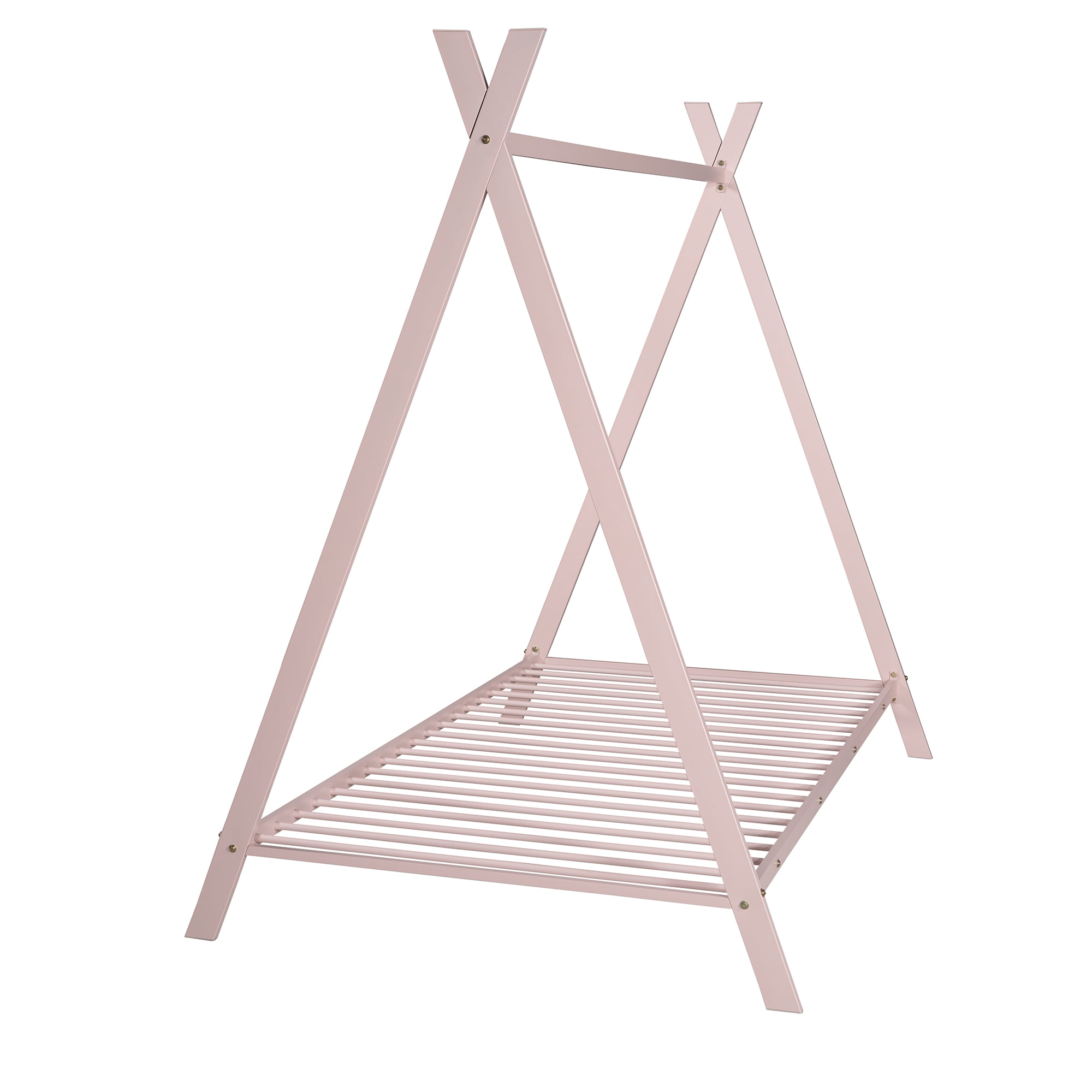 Gewnee Twin Size Metal Tent Bed Floor House Bed with with x-Shaped Frame for Kids,Pink