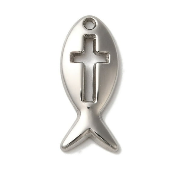 30pcs Non-Tarnish 304 Stainless Steel Pendants Fish with Cross Charm Stainless Steel color 20x8.5x2mm Hole: 1.5mm