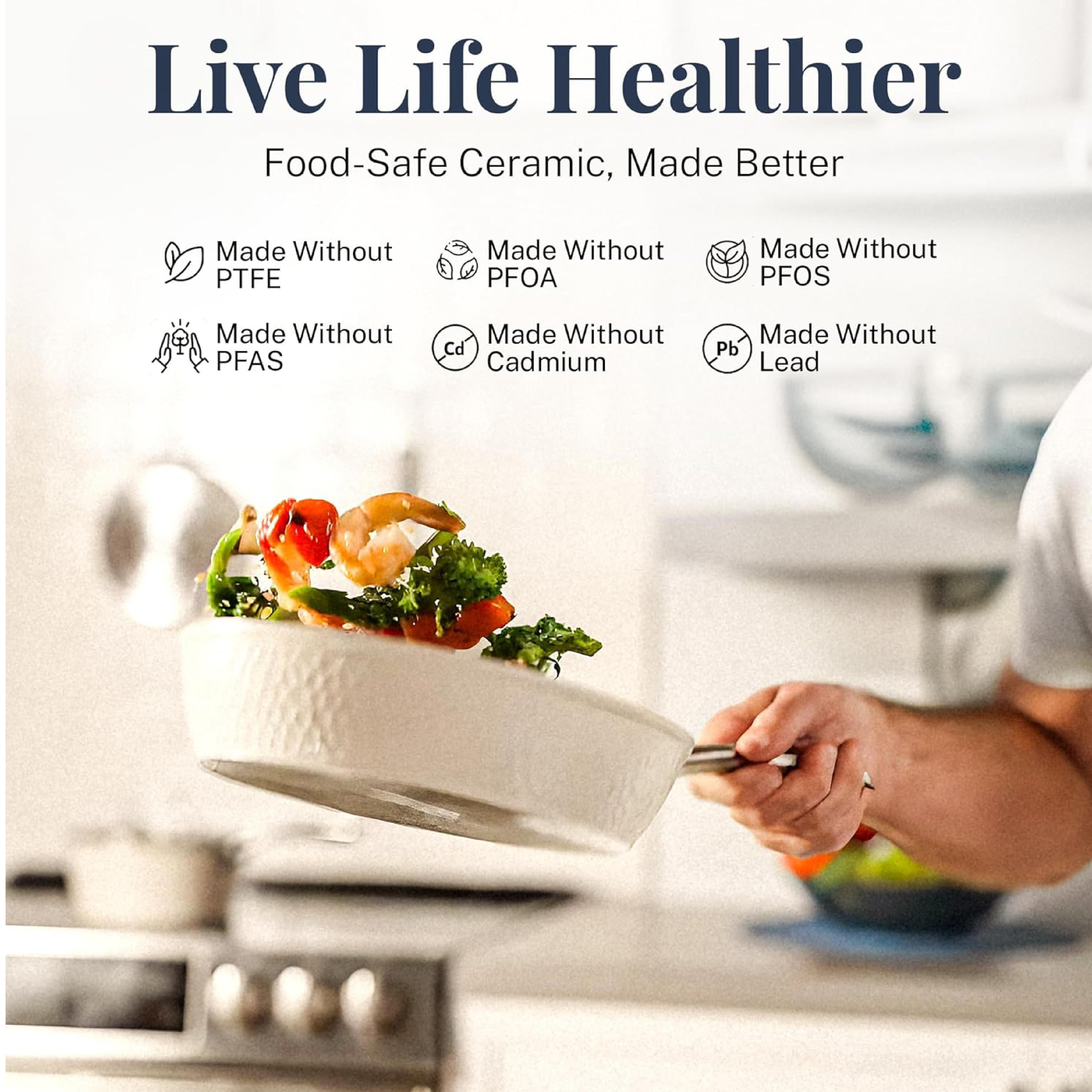 Gotham Steel Hammered 4 Quart Ceramic Frying Pan Non Stick with Lid, Nonstick Sauce Pan, Jumbo Cooker Cooking Pan Sauté Pan, Ceramic Family Pan, Frying Pans Nonstick with Lid, Cream