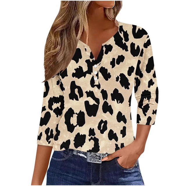 Fiudx Ofertas Flash Del Día Blusa de Manga 3/4 Corta Estampada a La Moda para Mujer, Blusa Informal con Cuello Redondo