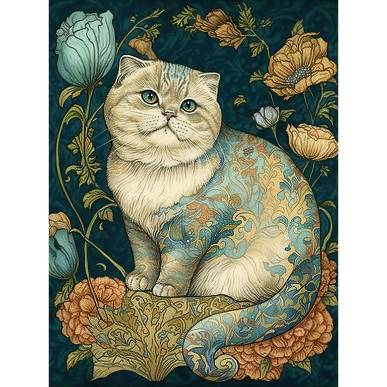 William Morris Inspired Cute Cat with Floral Pattern Fur and Flowers  Colourful Modern Illustration Unframed Wall Art Print Poster Home Decor  Premium 