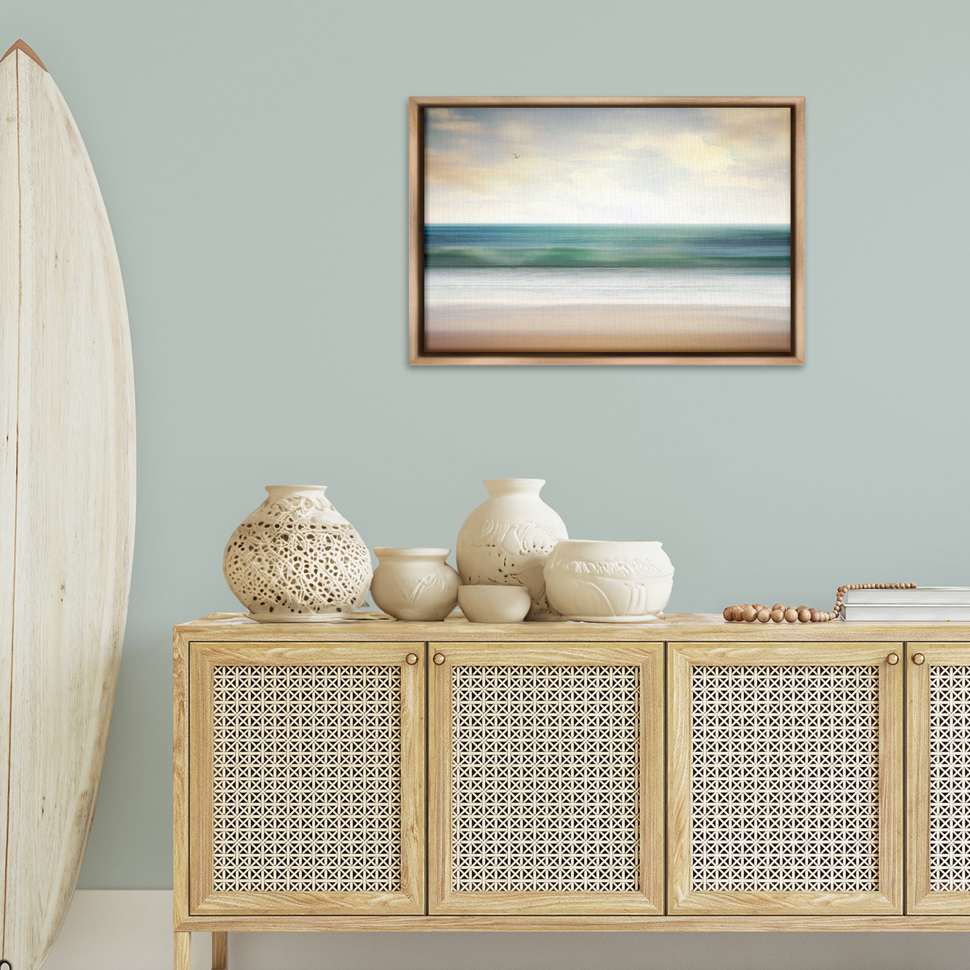 Stupell Industries Lone Seagull Over Beach Landscape Painting Brown Floater Framed Canvas Art Print Wall Art, 31 x 21
