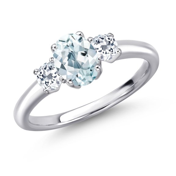 Gem Stone King 925 Sterling Silver Sky Blue Aquamarine and White Topaz Engagement Ring for Women | 1.18 Cttw | Oval 7X5MM | Gemstone March Birthstone | Size 7