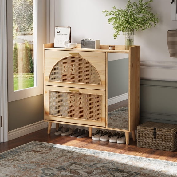 Natural Rattan Shoe Storage Cabinet, Freestanding Hidden Shoe Rack Cabinet with 2 Flip Drawers, Mirror & Adjustable Shelves for Entryway, Hallway, Closet, Living Room