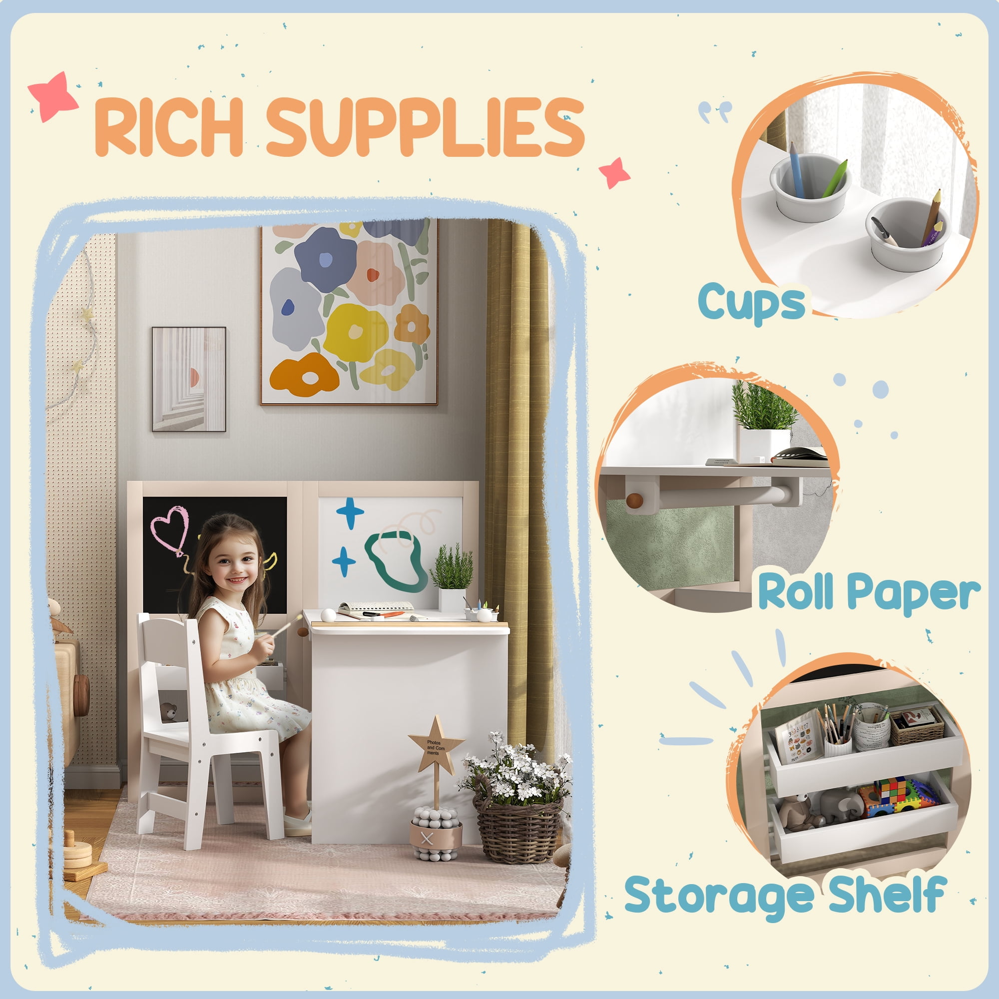 Homiyad 3 in 1 Kids Table and Chair Set with Storage, Whiteboard, Blackboard & Roll Paper for 3-8 Years, White