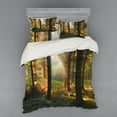 thumbnail image 1 of Forest Duvet Cover Set, Sunset View of Dark Pine Woodland in Autumn Foggy Scene Sunbeams Trunks Shadow, Bedding Set with Shams and Fitted Sheet, 3 Sizes, by Ambesonne, 1 of 3
