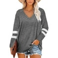 thumbnail image 3 of Femmes T-shirt Rayé Manches Longues Basic Top V Cou 2 4 1 3 Blouse Décontractée, Gris, M, 3 of 7