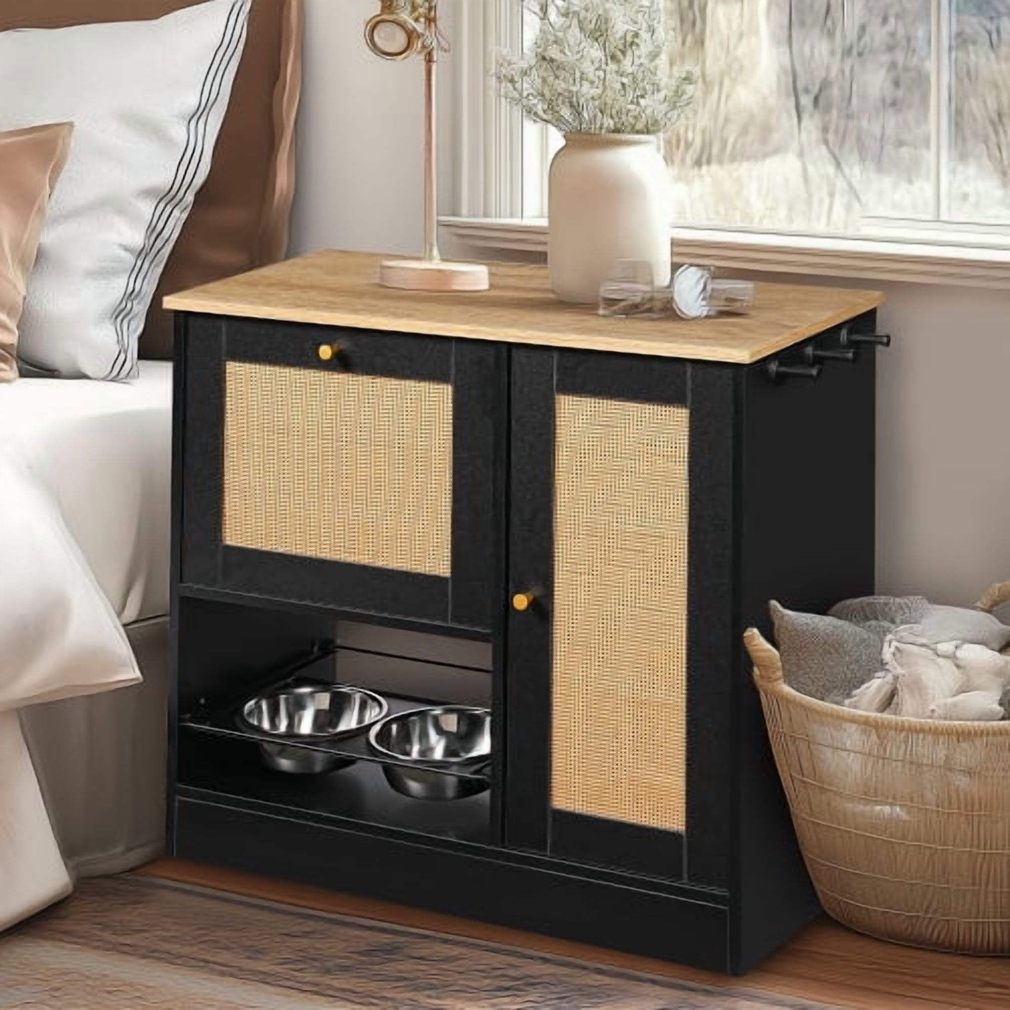 Pet Feeding Station with 2 Lockers and Elevated Dog Bowls Side Hooks Anti-Tipping Kit Rattan Door for Kitchen and Living Room, Black and Vintage