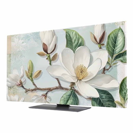 Indoor TV Cover 65 Inch, Country Flowers Elastic Monitor Dust Covers for Television, Desktop Computer Spring Botanical Magnolia Branches Dustproof Fitted TV Cover for Inside 56.7"L x 31.9"H
