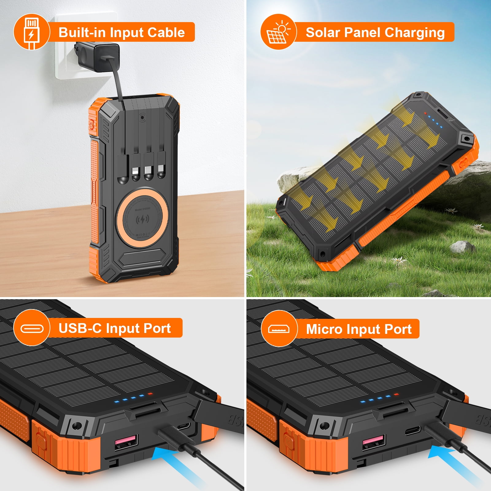 SOLPOWBEN 49800mAh Solar Charger Power Bank for iphone android Solar Power Bank Wireless Charger and 4 Built-in Cables,Dual Flashlights Battery Pack for Outdoor Camping Hiking (Orange)