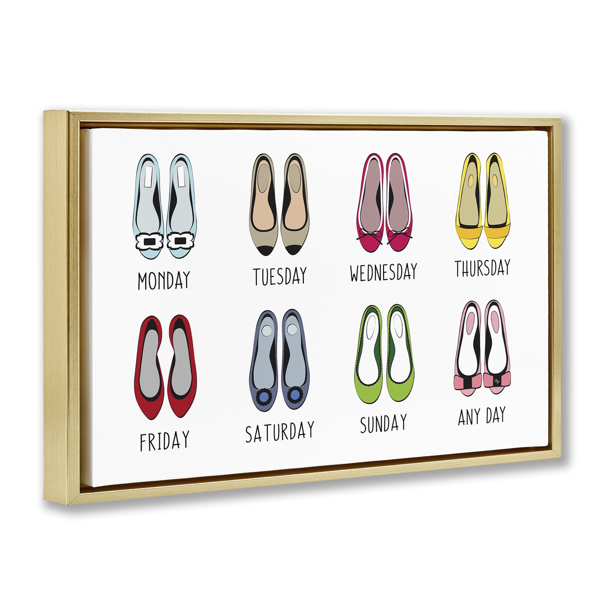 Stupell Industries Shoe Week Days Fashion Painting Gold Floater Framed Canvas Art Print Wall Art, 25 x 17