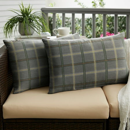 Sunbrella Xl Humble and Haute Sunbrella Grey Tartan Plaid Indoor/ Outdoor XL Lumbar Pillow, Set of 2 - 16 x 26 ()