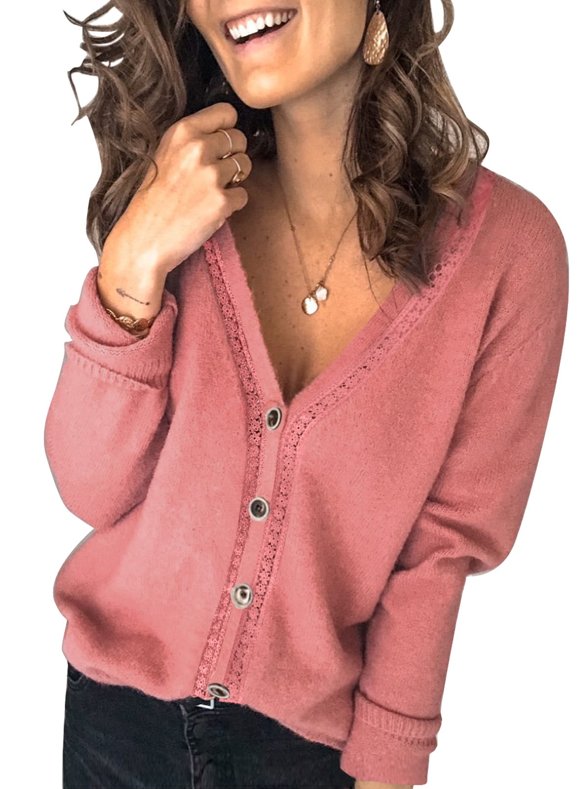 Sidefeel Women Plus Size Casual Loose Coat Sweater Button Down V Neck Long Sleeve Sofy Knit