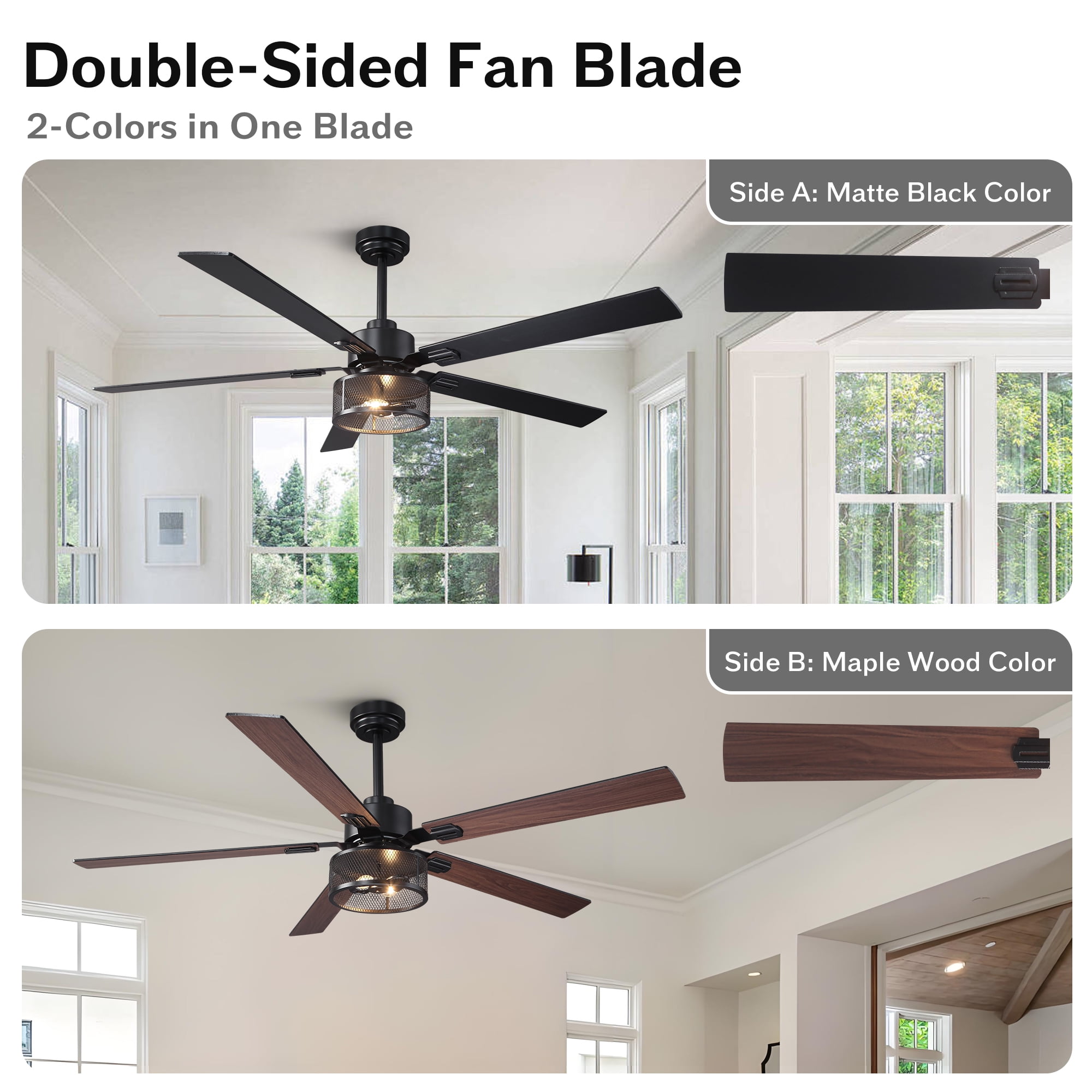 60" Industrial Large Black Smart Ceiling Fan with Dimmable LED Light and Remote