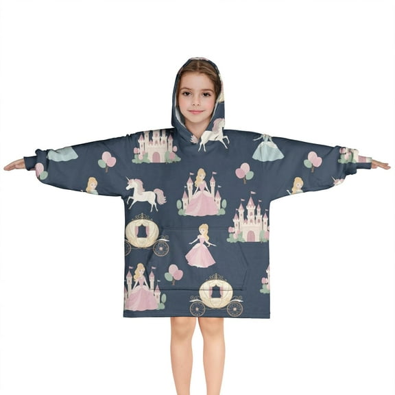 Dark Blue Princess Unicorn Pattern Blanket Hoodies for Kids 6-13YR Oversize Wearable Blanket Hoodies for Boys Girls Teens